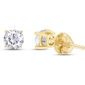 Round Natural 0.1 Carat Diamond Stud Earrings. 14k Solid Gold Screw Back.